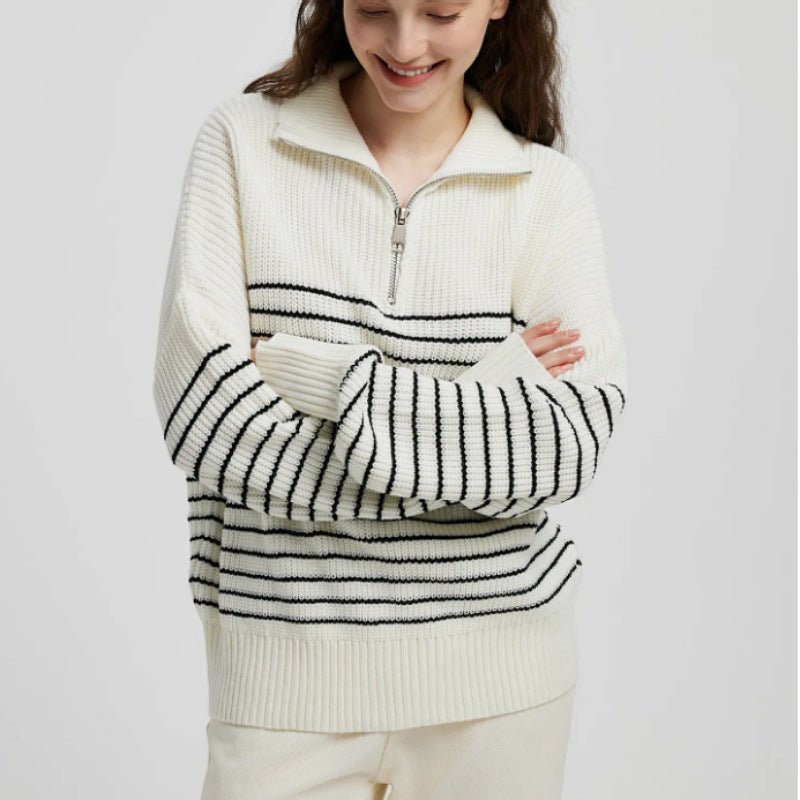 High collar striped color matching long sleeve zipper pullover knitted sweater for women - Negative Apparel