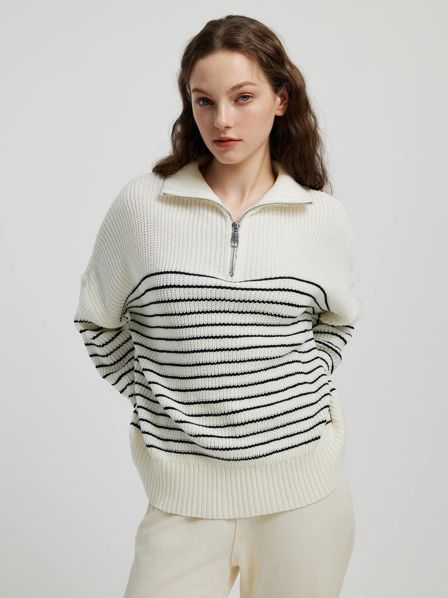 High collar striped color matching long sleeve zipper pullover knitted sweater for women - Negative Apparel