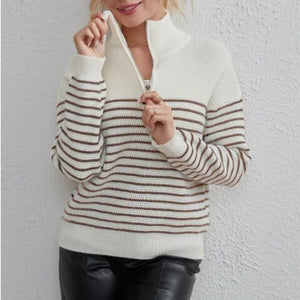 High collar striped color matching long sleeve zipper pullover knitted sweater for women - Negative Apparel