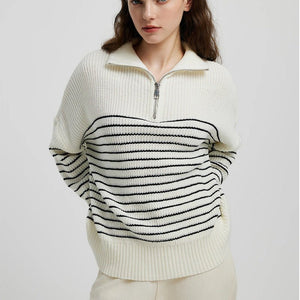 High collar striped color matching long sleeve zipper pullover knitted sweater for women - Negative Apparel