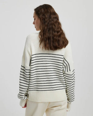 High collar striped color matching long sleeve zipper pullover knitted sweater for women - Negative Apparel