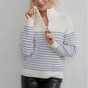 High collar striped color matching long sleeve zipper pullover knitted sweater for women - Negative Apparel