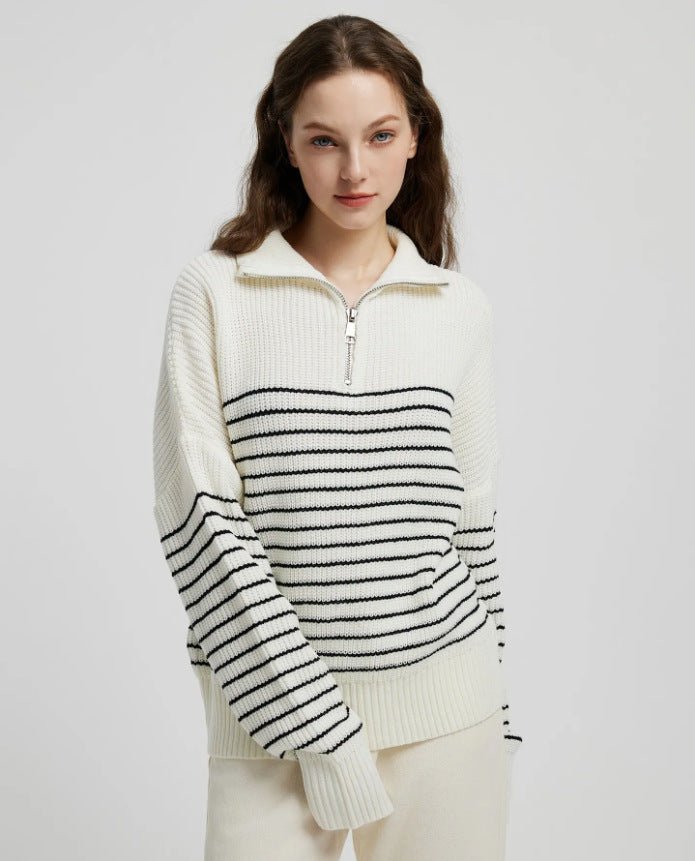 High collar striped color matching long sleeve zipper pullover knitted sweater for women - Negative Apparel