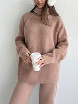 High collar zipper knitted sweater women's suit, stylish wide - leg two - piece suit - Negative Apparel