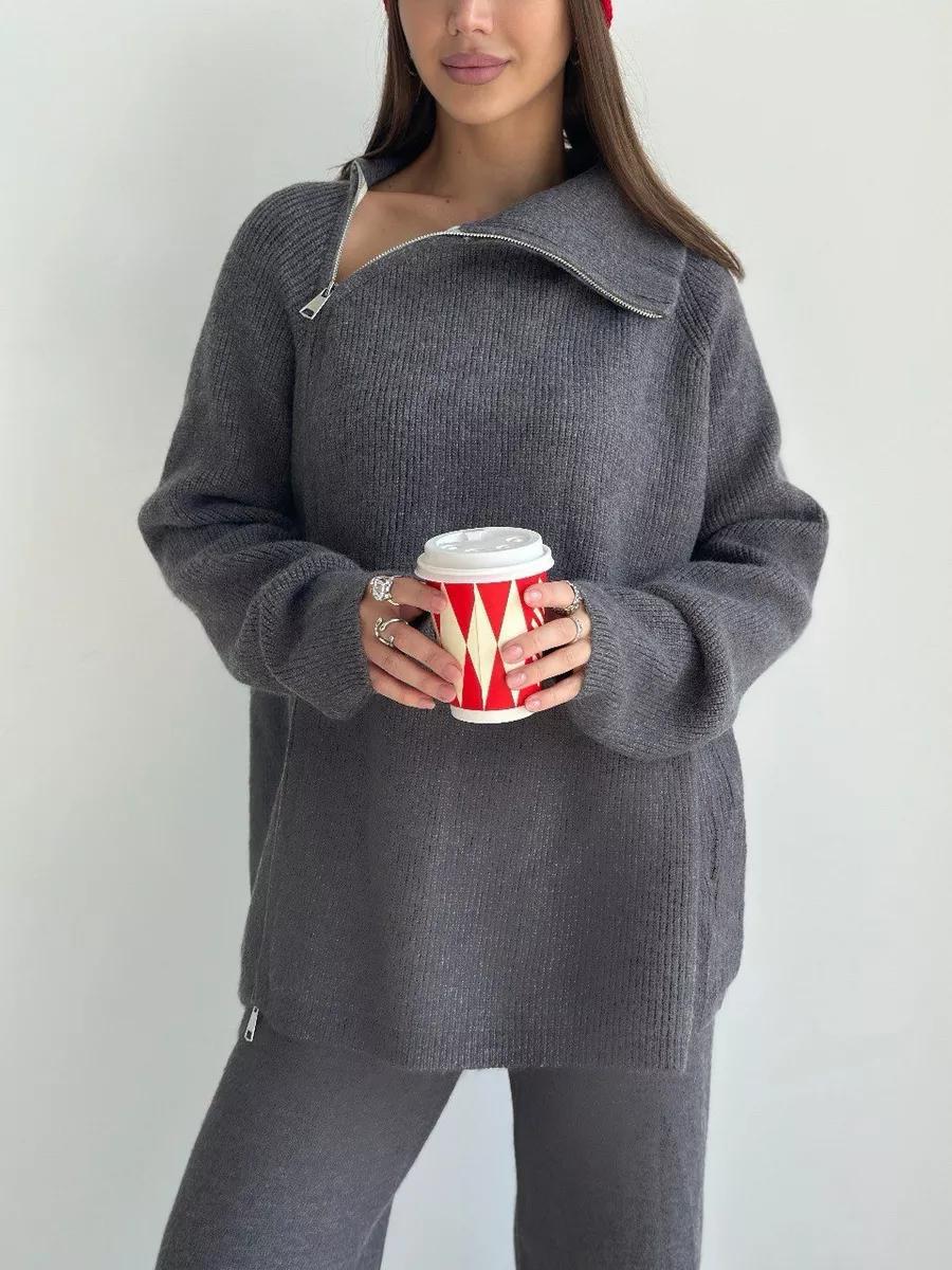 High collar zipper knitted sweater women's suit, stylish wide - leg two - piece suit - Negative Apparel