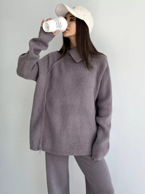 High collar zipper knitted sweater women's suit, stylish wide - leg two - piece suit - Negative Apparel