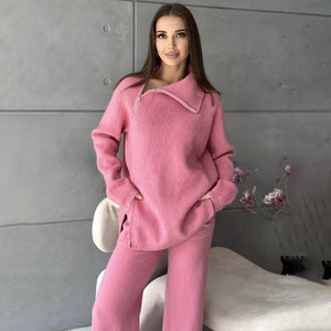 High collar zipper knitted sweater women's suit, stylish wide - leg two - piece suit - Negative Apparel