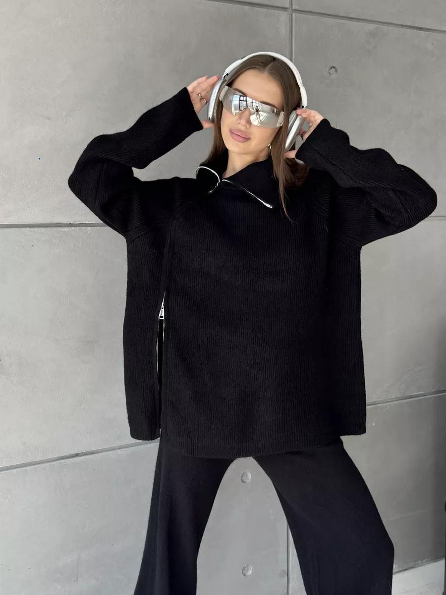 High collar zipper knitted sweater women's suit, stylish wide - leg two - piece suit - Negative Apparel