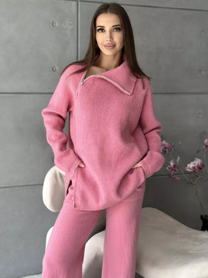 High collar zipper knitted sweater women's suit, stylish wide - leg two - piece suit - Negative Apparel