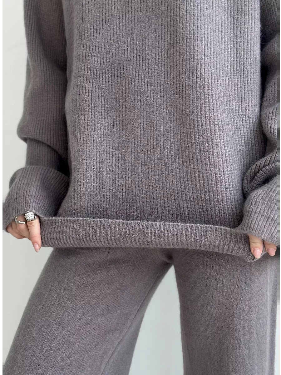 High collar zipper knitted sweater women's suit, stylish wide - leg two - piece suit - Negative Apparel