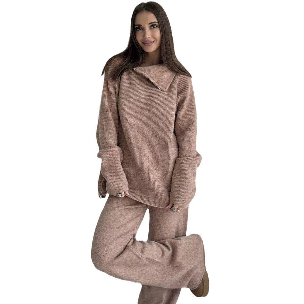 High collar zipper knitted sweater women's suit, stylish wide - leg two - piece suit - Negative Apparel