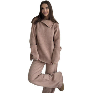 High collar zipper knitted sweater women's suit, stylish wide - leg two - piece suit - Negative Apparel