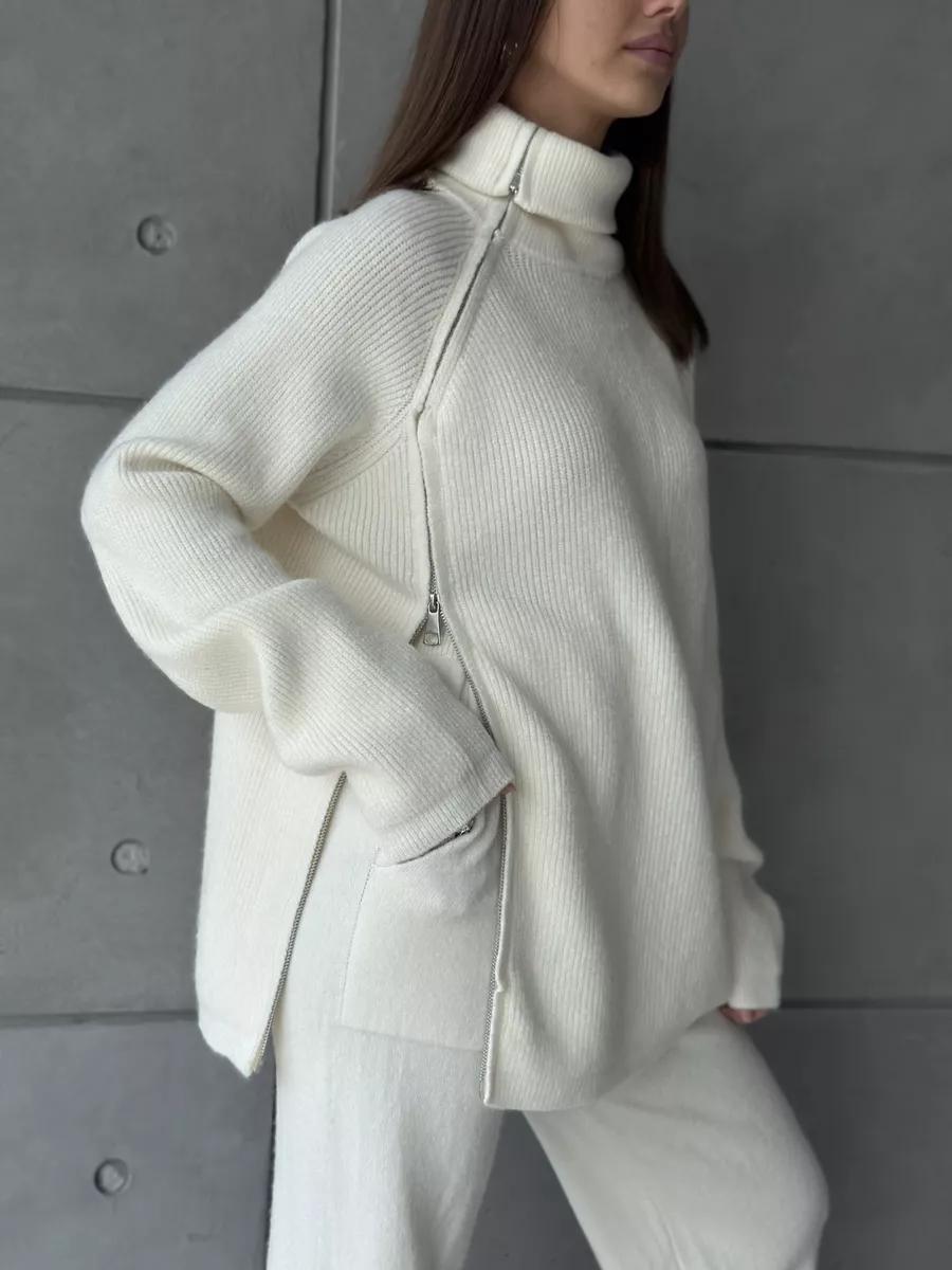 High collar zipper knitted sweater women's suit, stylish wide - leg two - piece suit - Negative Apparel