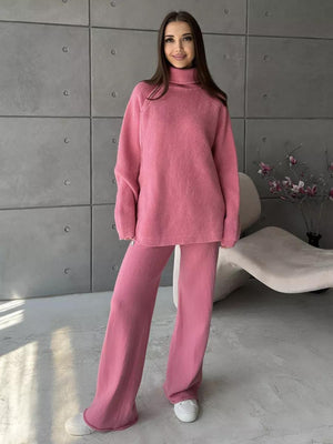 High collar zipper knitted sweater women's suit, stylish wide - leg two - piece suit - Negative Apparel