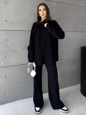 High collar zipper knitted sweater women's suit, stylish wide - leg two - piece suit - Negative Apparel