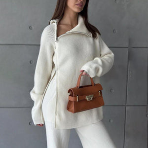 High collar zipper knitted sweater women's suit, stylish wide - leg two - piece suit - Negative Apparel