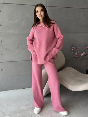 High collar zipper knitted sweater women's suit, stylish wide - leg two - piece suit - Negative Apparel