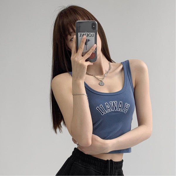 High elastic cotton 2025 vest bottom letter embroidery short open button sleeveless suspender waist women's summer sports bottom tide - Negative Apparel