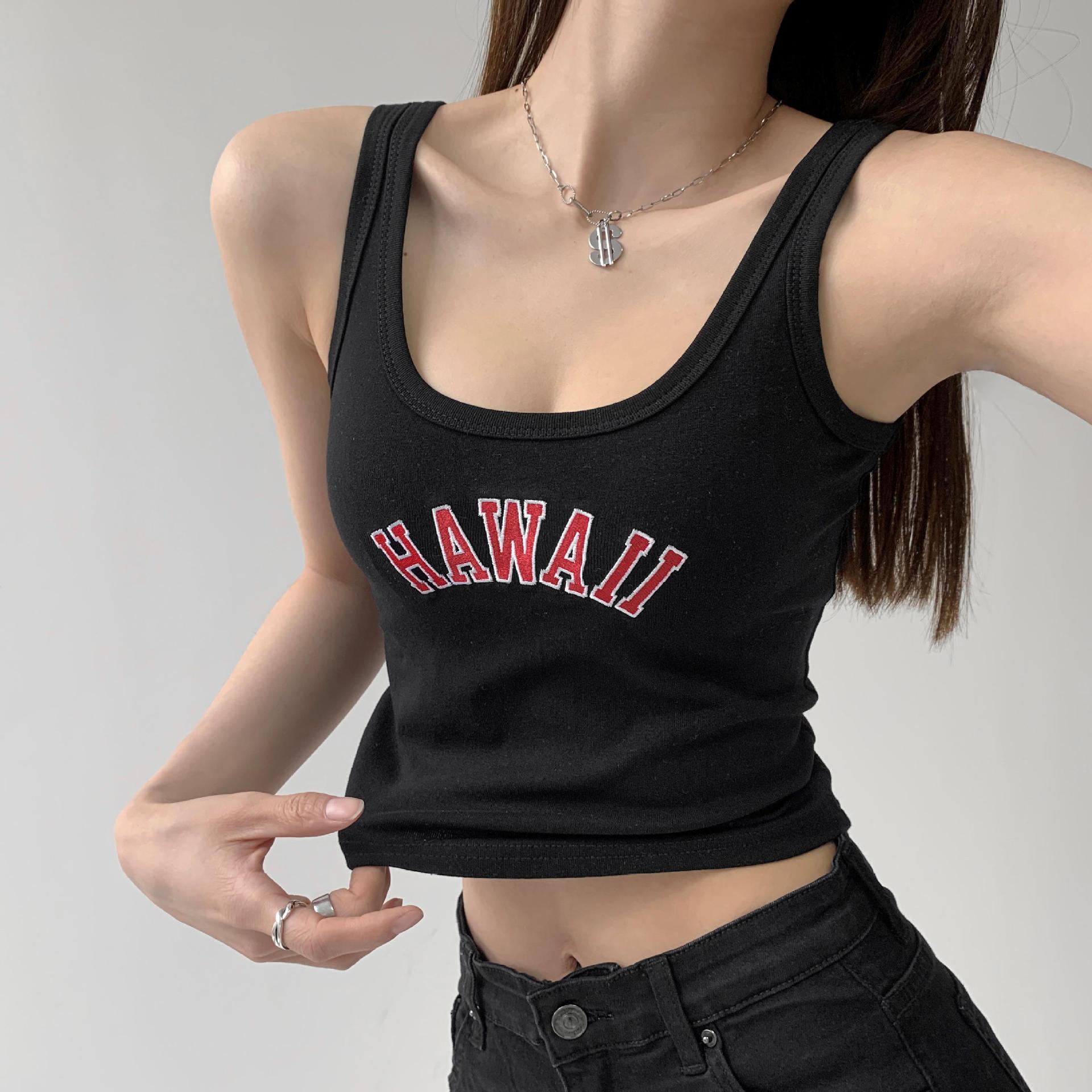 High elastic cotton 2025 vest bottom letter embroidery short open button sleeveless suspender waist women's summer sports bottom tide - Negative Apparel