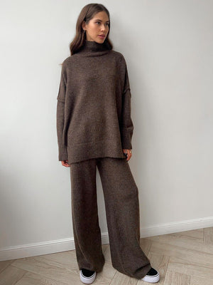 High - neck sweater co - ords loose casual lazy thickened wide leg trousers suit - Negative Apparel