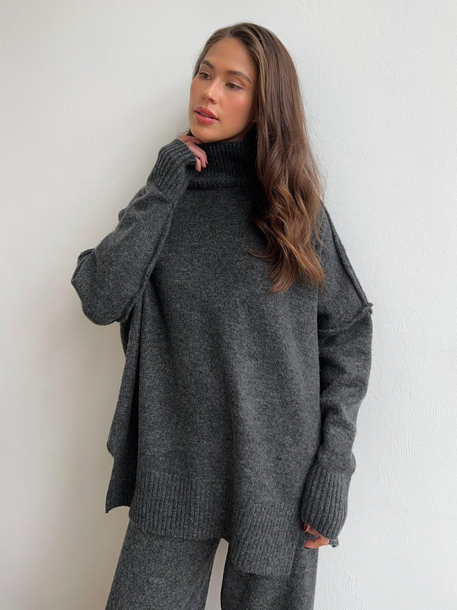 High - neck sweater co - ords loose casual lazy thickened wide leg trousers suit - Negative Apparel