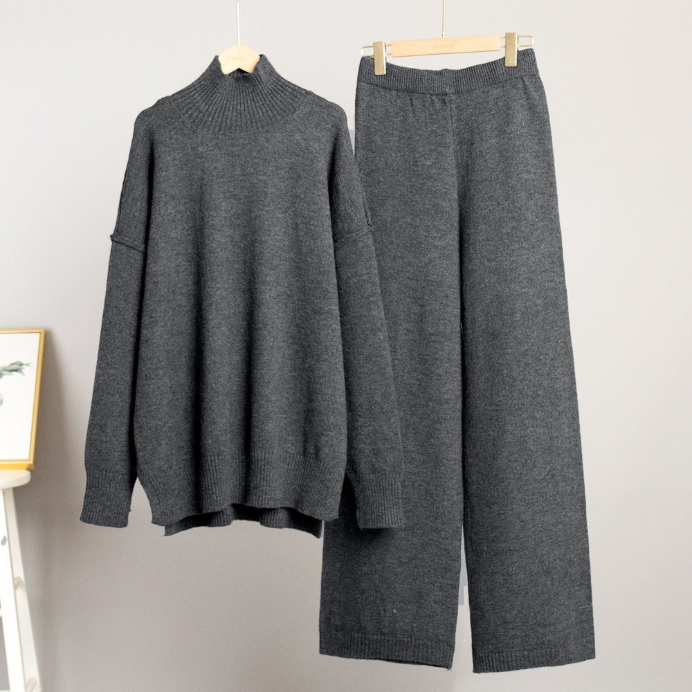 High - neck sweater co - ords loose casual lazy thickened wide leg trousers suit - Negative Apparel