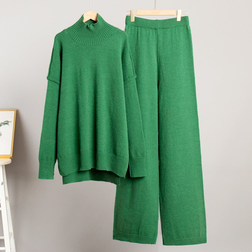 High - neck sweater co - ords loose casual lazy thickened wide leg trousers suit - Negative Apparel