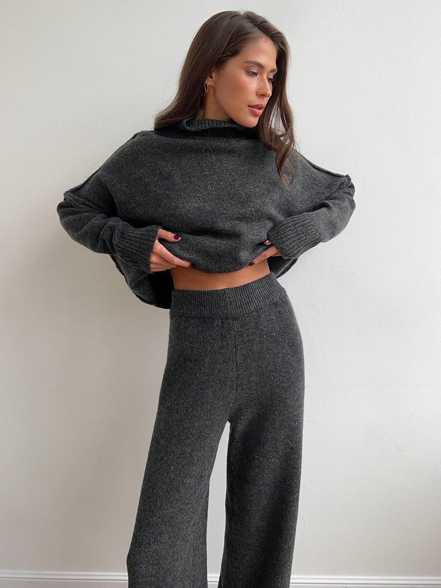 High - neck sweater co - ords loose casual lazy thickened wide leg trousers suit - Negative Apparel