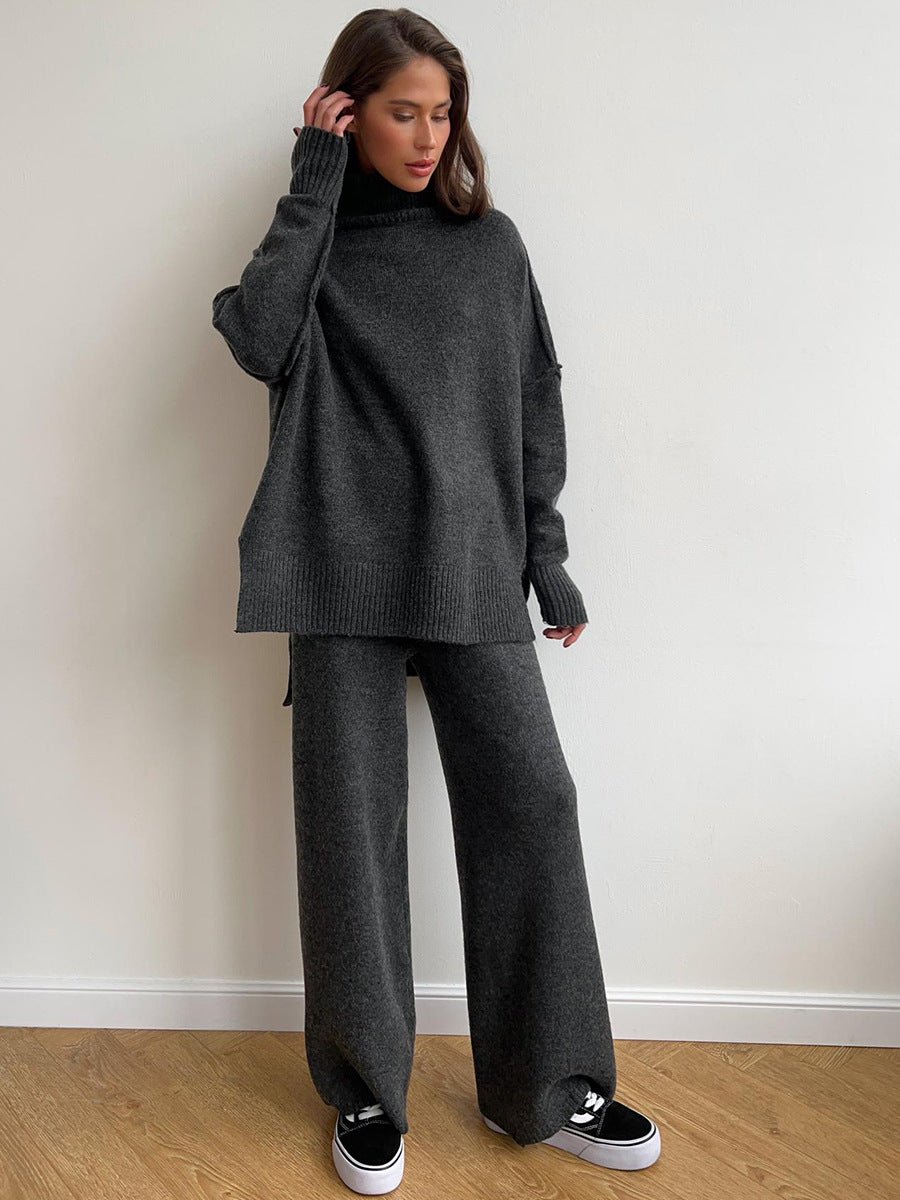 High - neck sweater co - ords loose casual lazy thickened wide leg trousers suit - Negative Apparel