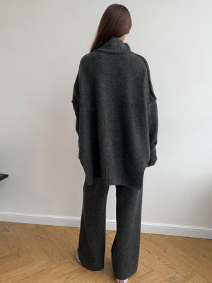 High - neck sweater co - ords loose casual lazy thickened wide leg trousers suit - Negative Apparel