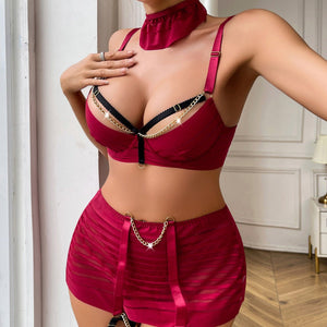 high - quality metal chain decorative striped perspective mesh, body sculpting sexy underwear split five - piece set - Negative Apparel