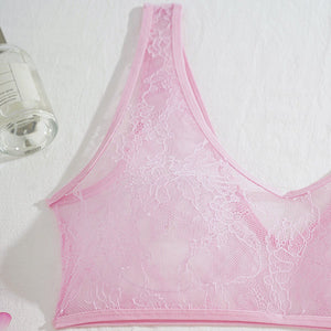 High - quality pink lace see - through casual vest shorts body sculpting sexy three - piece set - Negative Apparel