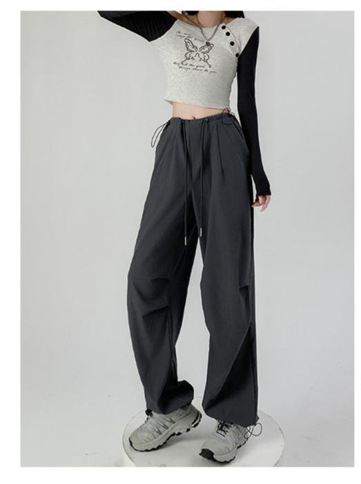 High waist casual parachute pants slim loose wide leg pants - Negative Apparel