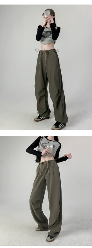 High waist casual parachute pants slim loose wide leg pants - Negative Apparel