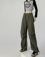 High waist casual parachute pants slim loose wide leg pants - Negative Apparel