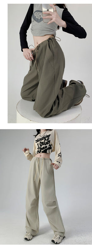 High waist casual parachute pants slim loose wide leg pants - Negative Apparel