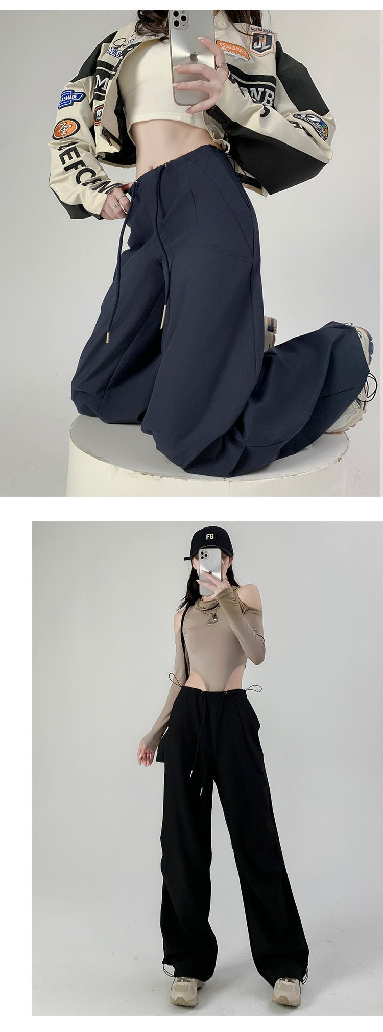 High waist casual parachute pants slim loose wide leg pants - Negative Apparel