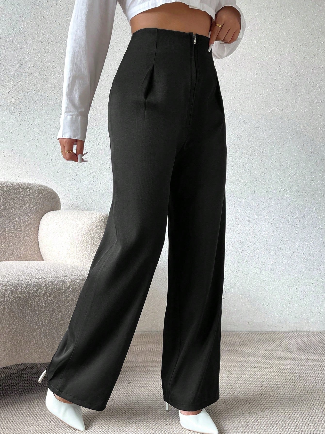 High Waist Fold Pleated Straight Leg Pants - Negative Apparel