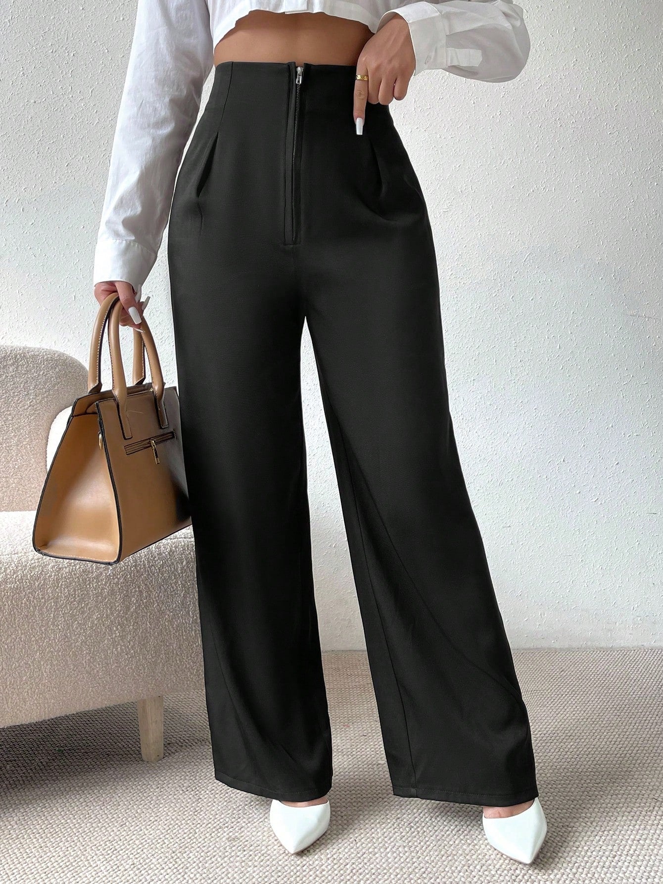 High Waist Fold Pleated Straight Leg Pants - Negative Apparel