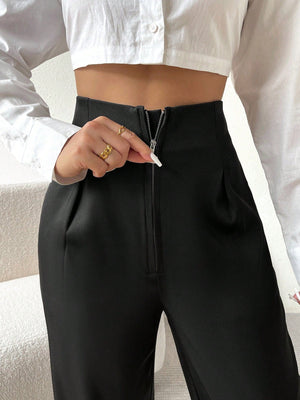 High Waist Fold Pleated Straight Leg Pants - Negative Apparel