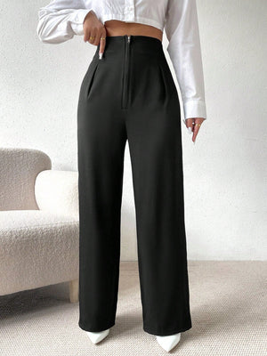 High Waist Fold Pleated Straight Leg Pants - Negative Apparel