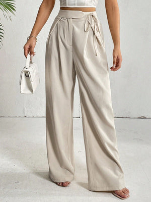 High Waist Plicated Detail Knot Side Wide Leg Pants - Negative Apparel