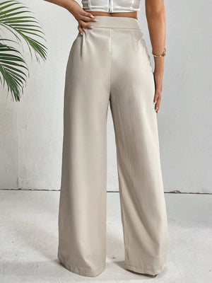 High Waist Plicated Detail Knot Side Wide Leg Pants - Negative Apparel