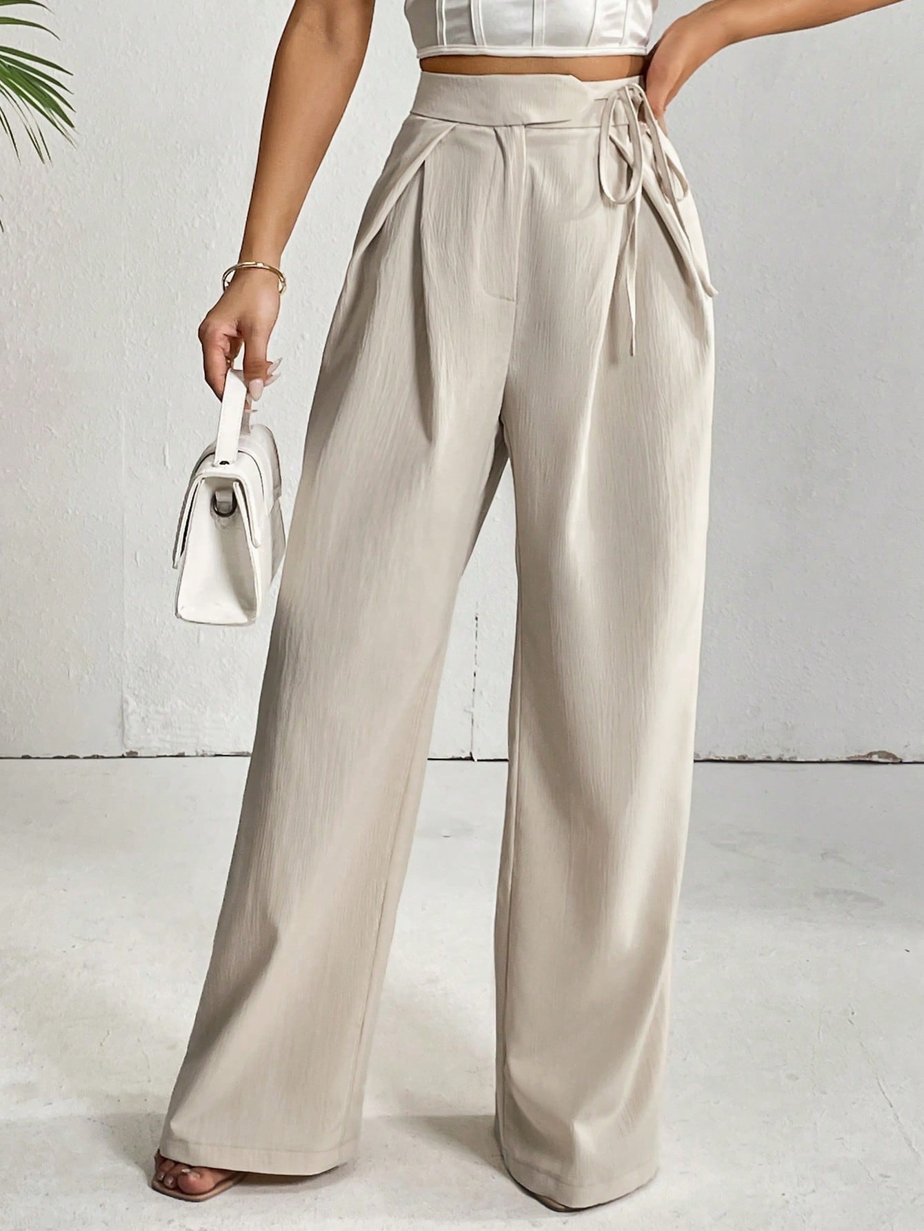 High Waist Plicated Detail Knot Side Wide Leg Pants - Negative Apparel