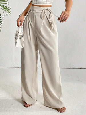 High Waist Plicated Detail Knot Side Wide Leg Pants - Negative Apparel