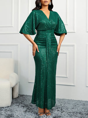High Waist V Neck Sequin Party Dress - Negative Apparel