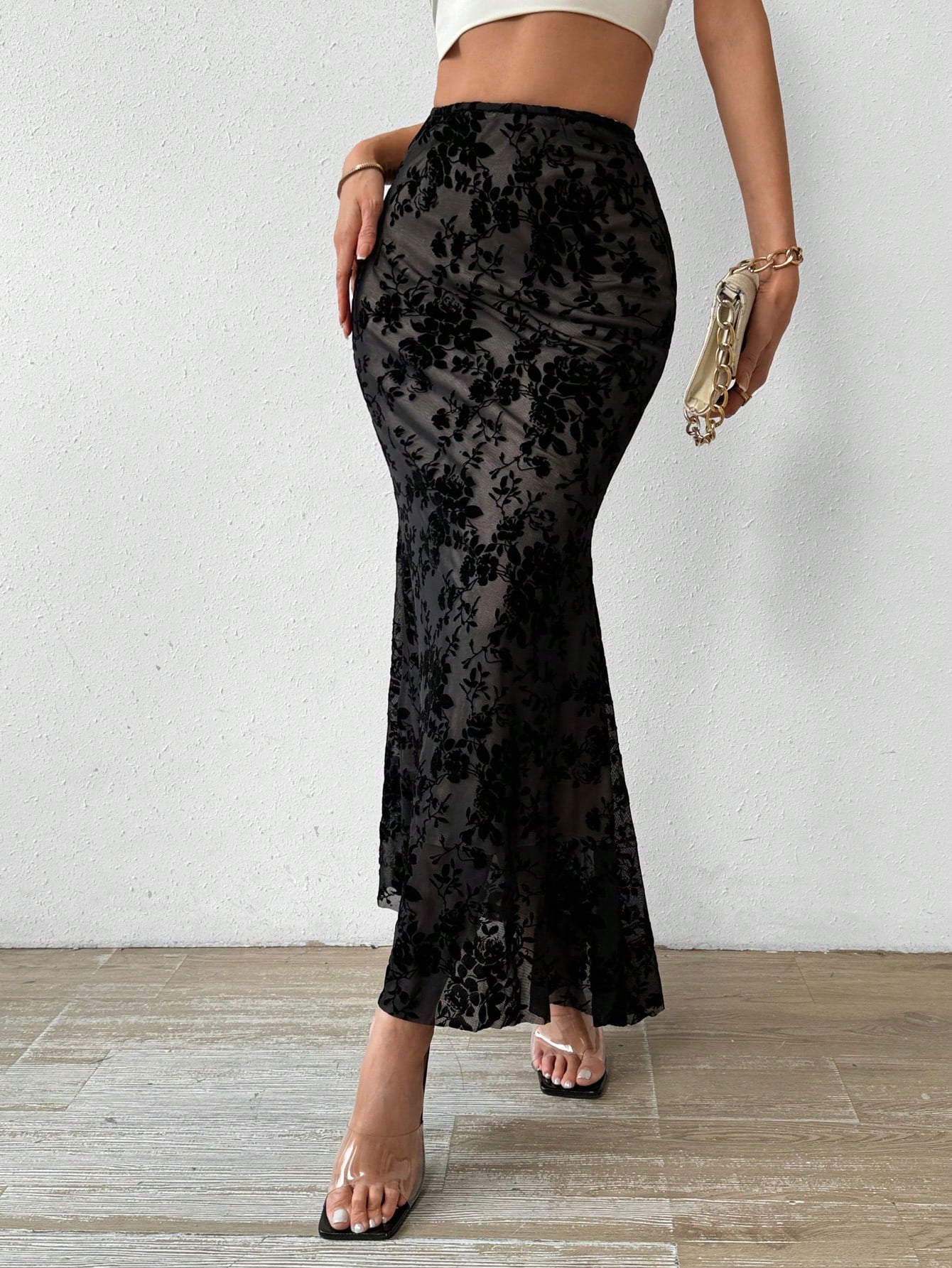 High - Waisted Floral Flocking Mesh Maxi Mermaid Skirt - Negative Apparel