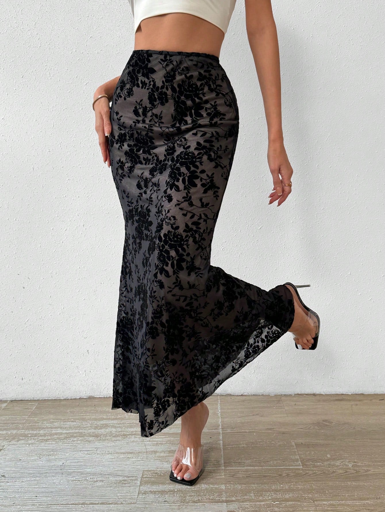 High - Waisted Floral Flocking Mesh Maxi Mermaid Skirt - Negative Apparel