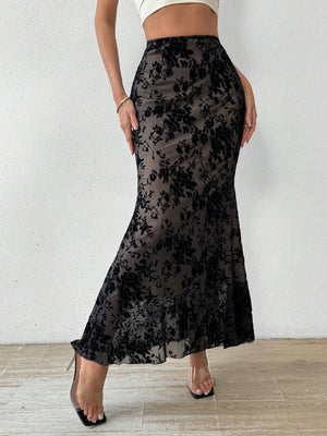 High - Waisted Floral Flocking Mesh Maxi Mermaid Skirt - Negative Apparel