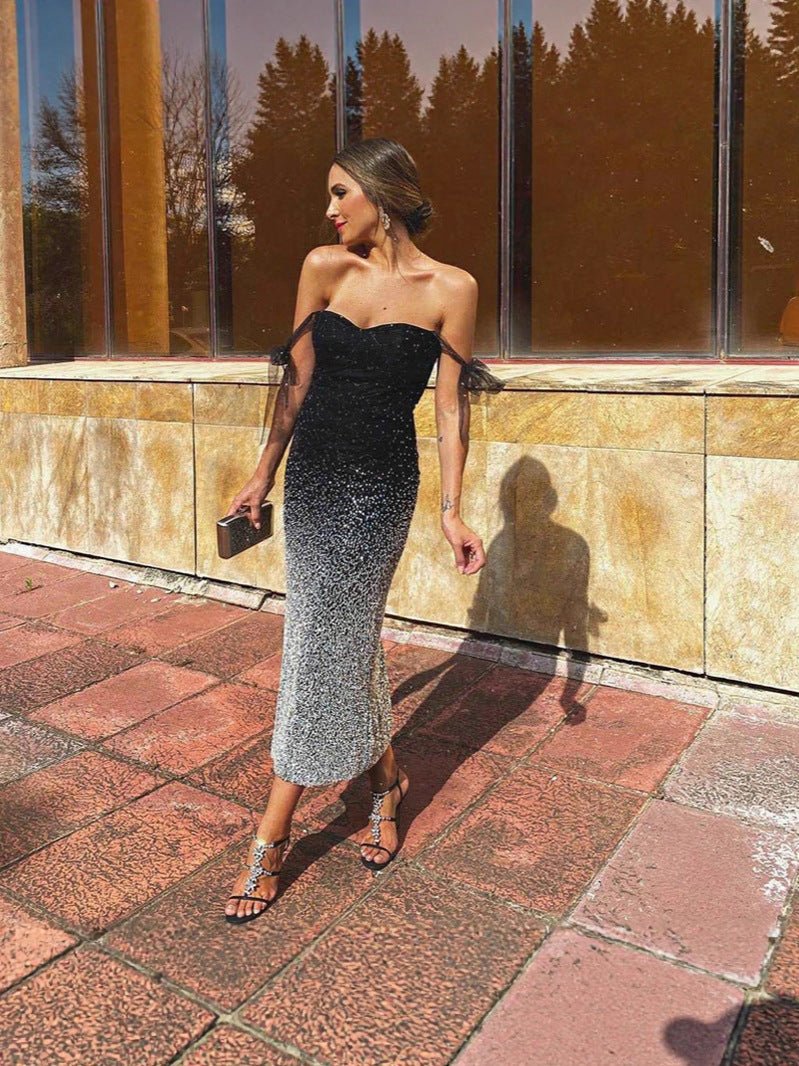 High - waisted V - neck sequined evening dress with raglan sleeves, long dress for banquets, parties, and cocktail parties FD - Negative Apparel